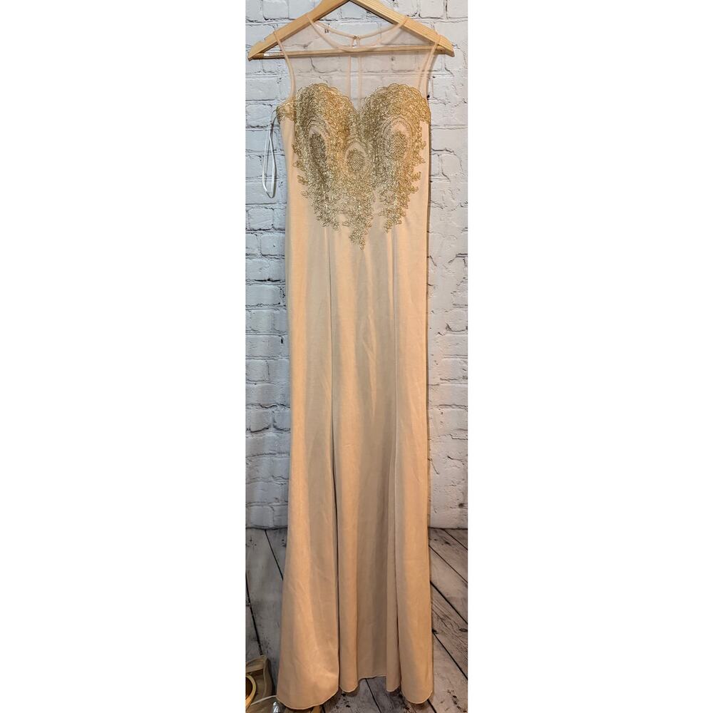Elegant Champagne Illusion Neck Wedding Dress with Gold Embroidery